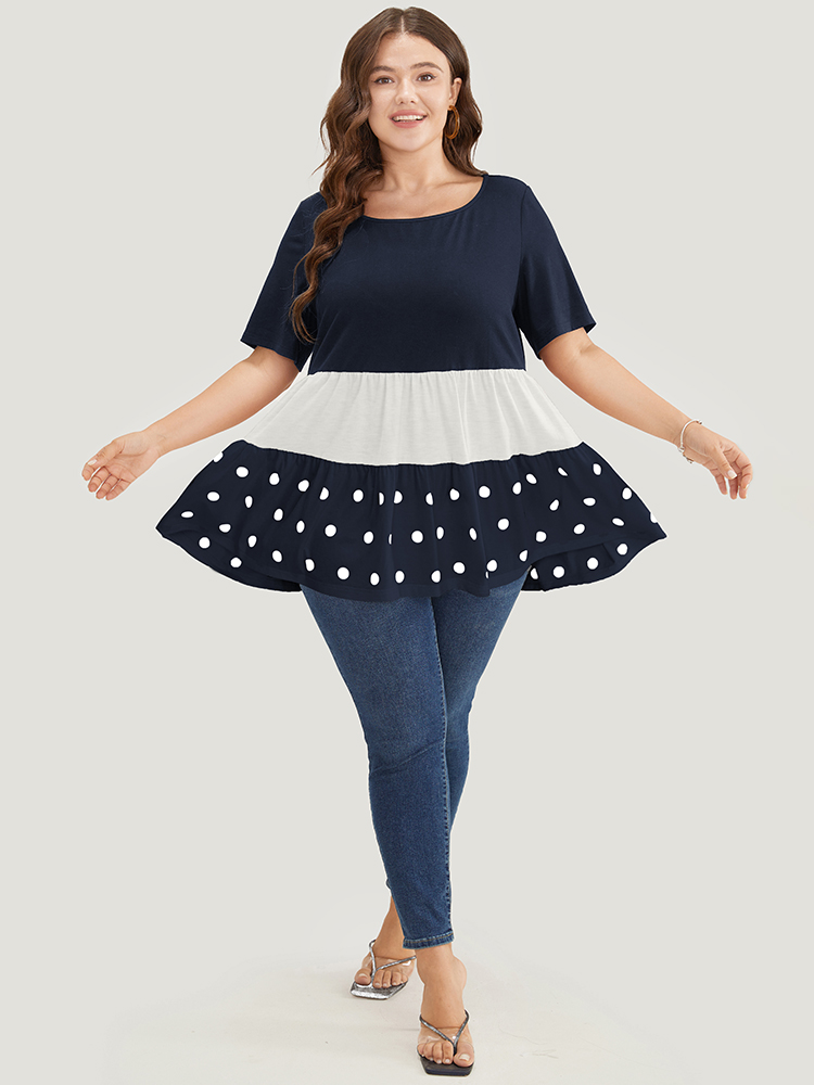 

Plus Size Colorblock Contrast Ruffle Tiered Polka Dot T-shirt Indigo Round Neck Short sleeve Elegant Jersey Tops