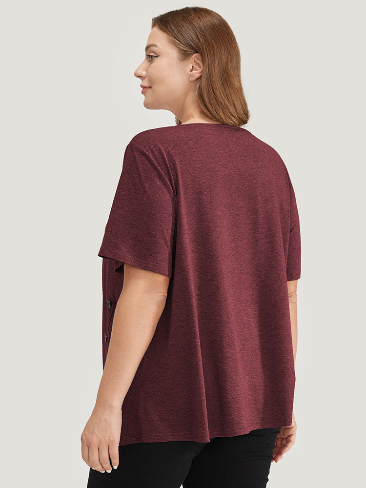 

Solid Asymmetrical Hem Button Detail Ruffles T-shirt, Russet