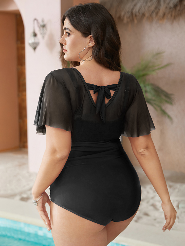 Plus Size Knotted Back Ruched Mesh Ruffle Sleeve One Piece Swimsuit Women`s Swimwear Black Vacation Adjustable Straps Curve Bathing Suits High stretch One Pieces BloomChic 18-20/2X 