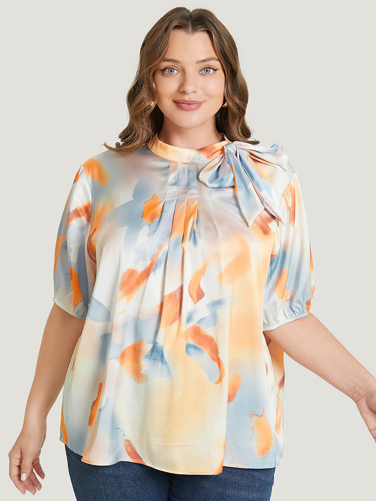 Plus Size Women Dailywear Ombre Bowknot Regular Sleeve Short sleeve Mock Neck Vacation Blouses BloomChic 