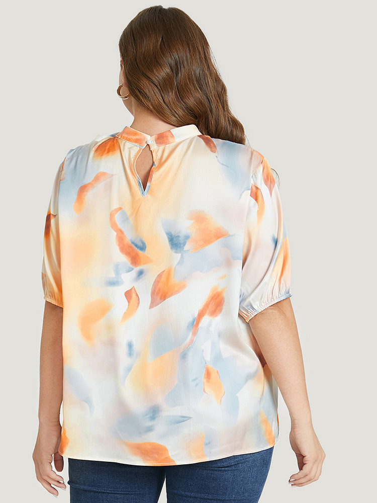 Plus Size Women Dailywear Ombre Bowknot Regular Sleeve Short sleeve Mock Neck Vacation Blouses BloomChic 