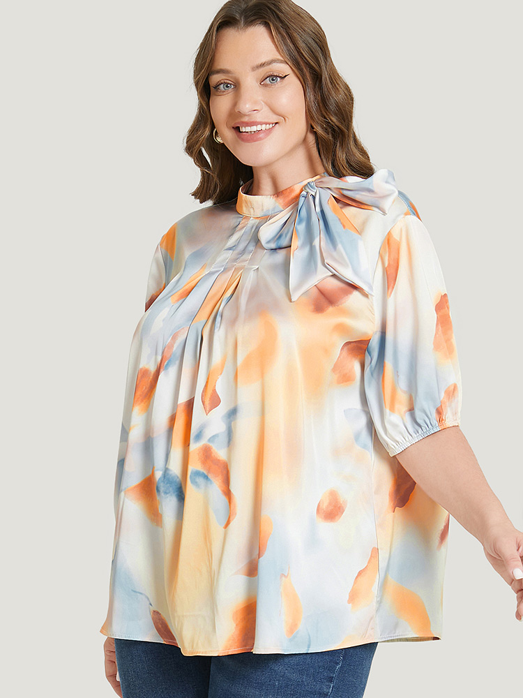 Plus Size Women Dailywear Ombre Bowknot Regular Sleeve Short sleeve Mock Neck Vacation Blouses BloomChic 
