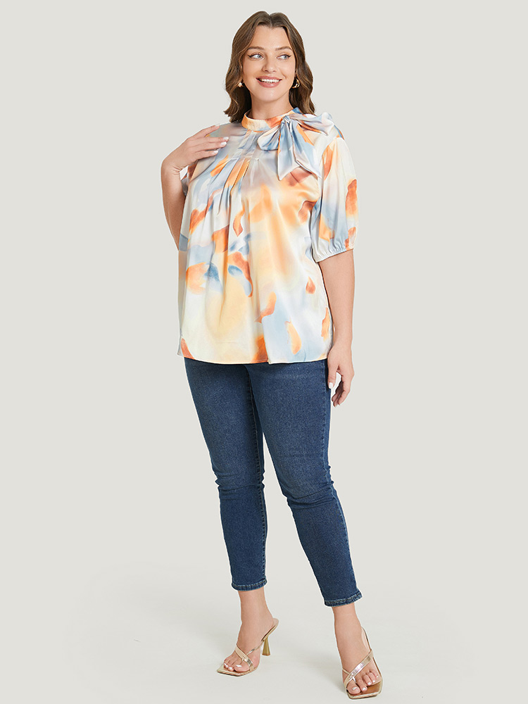 Plus Size Women Dailywear Ombre Bowknot Regular Sleeve Short sleeve Mock Neck Vacation Blouses BloomChic 