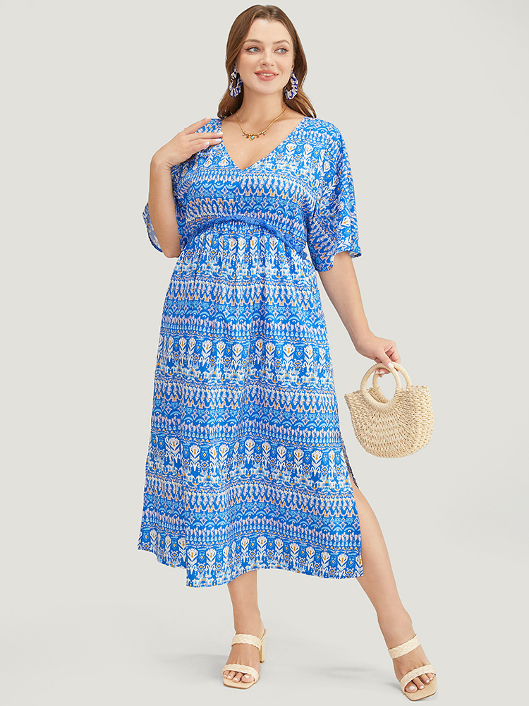 

Plus Size Bandana Print Dolman Sleeve Knot Fringe Trim Split Dress Blue Women Vacation Tassels V-neck Short sleeve Curvy Midi Dress BloomChic