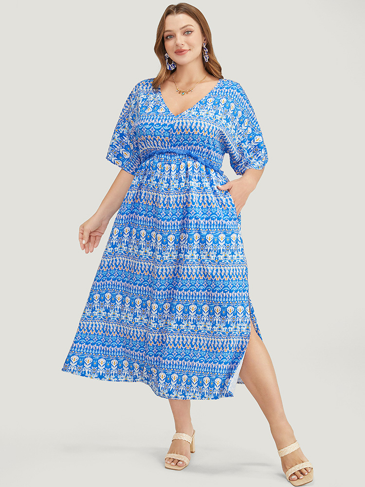 

Plus Size Bandana Print Dolman Sleeve Knot Fringe Trim Split Dress Blue Women Tassels V-neck Short sleeve Curvy Midi Dress BloomChic