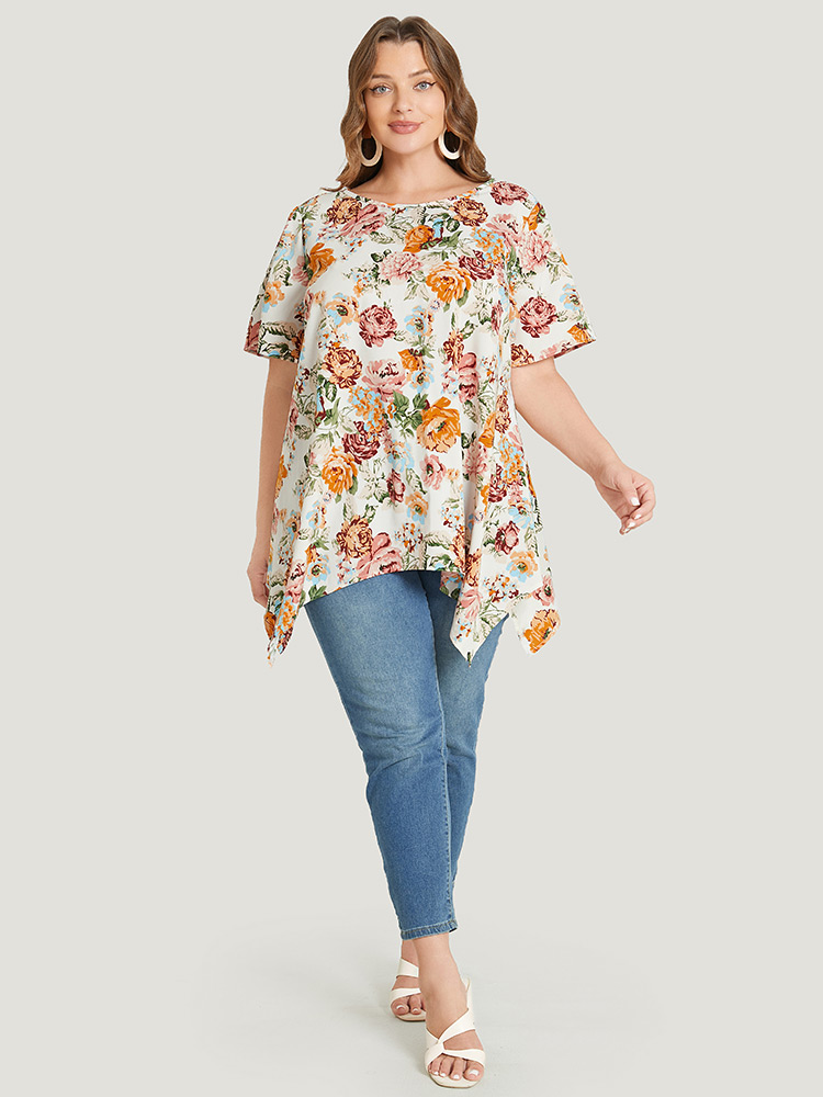 

Plus Size Multicolor Floral Print Hanky Hem Blouse Women Elegant Short sleeve Round Neck Dailywear Blouses BloomChic