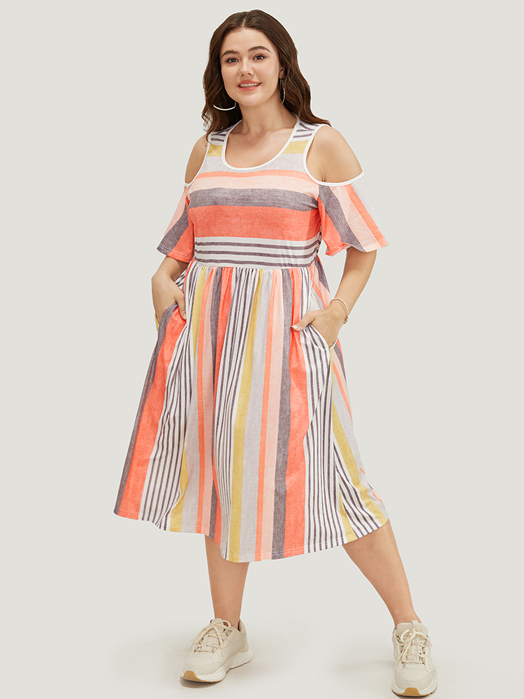 

Plus Size Striped Contrast Pocket Cold Shoulder Ruffle Midi Dress Multicolor Women Casual Contrast Cold Shoulder Short sleeve Curvy Midi Dress BloomChic