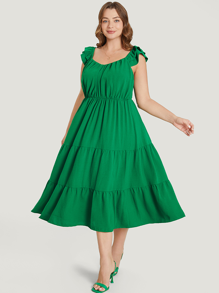 

Plus Size Plain Ruffle Tiered Pocket Elastic Waist Cami Dress Green Women Gathered V-neck Sleeveless Curvy Midi Dress BloomChic