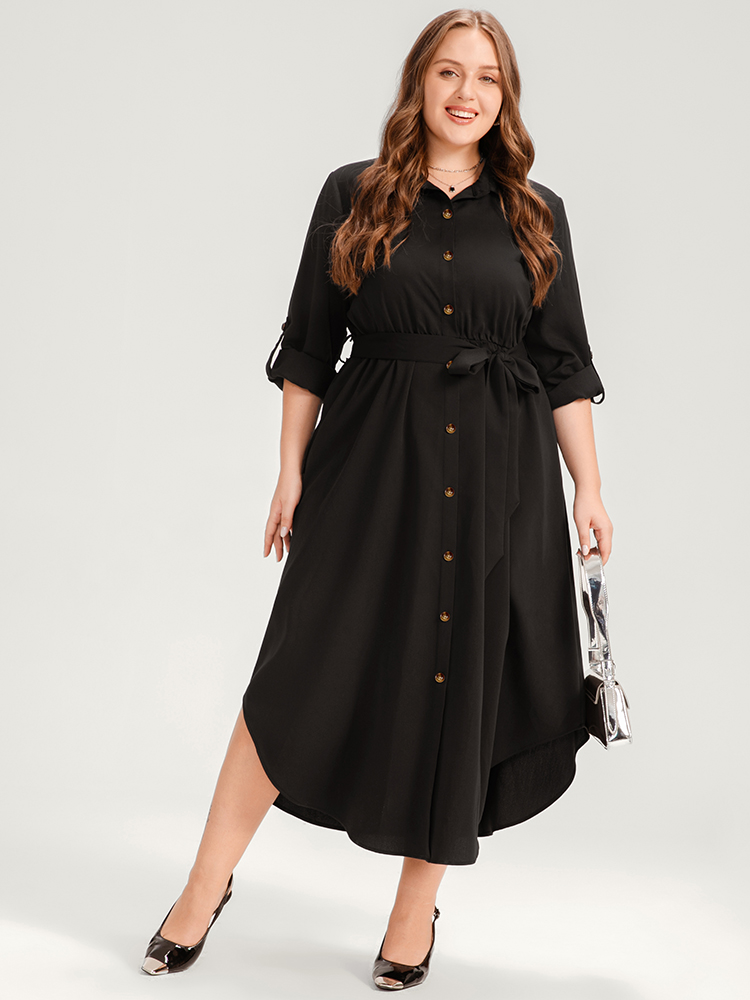 

Plus Size Solid Shirt Collar Button Up Belted Arc Hem Dress Black Women Office Belted Shirt collar Long Sleeve Curvy Midi Dress BloomChic