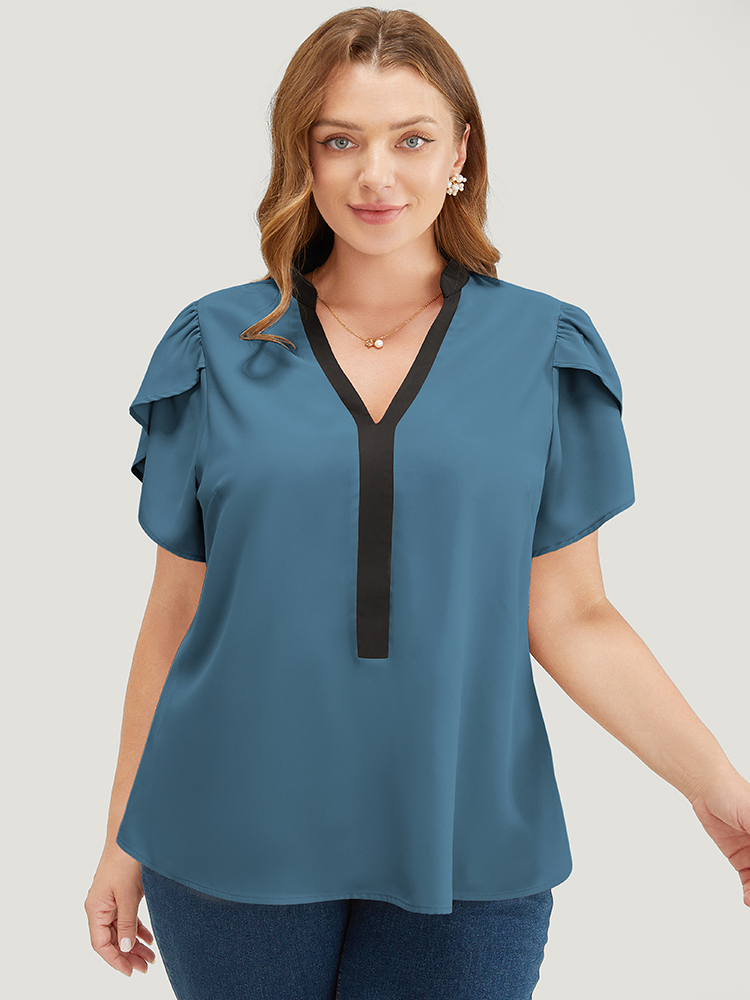 

Plus Size Cerulean Plain Contrast Trim Split Petal Sleeve Blouse Women Office Short sleeve Stand-up collar Dailywear Blouses BloomChic