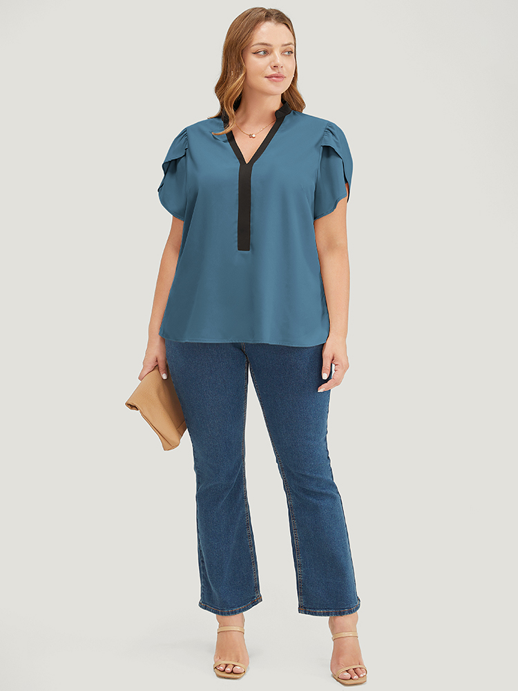 

Plus Size Cerulean Plain Contrast Trim Split Petal Sleeve Blouse Women Office Short sleeve Stand-up collar Dailywear Blouses BloomChic