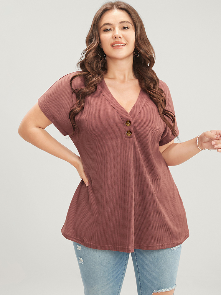 

Plus Size Solid Dolman Sleeve Button Detail Waffle Knit T-shirt DustyPink Women Casual Button Plain V-neck Dailywear T-shirts BloomChic