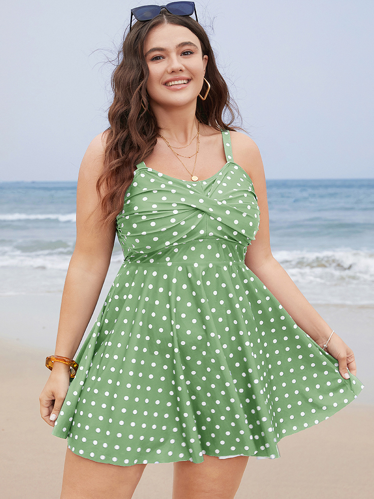 

Plus Size Polka Dot Crossover Ruched Flutter Hem Swim Dress Women's Swimwear Mint Beach Bodycon Strapless High stretch Curve Swim Dresses BloomChic