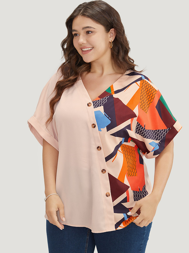 

Plus Size Multicolor Geometric Contrast Batwing Sleeve Button Detail Wrap Blouse Women Office Short sleeve V-neck Work Blouses BloomChic