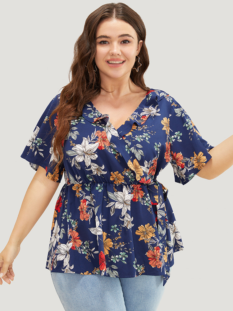 

Plus Size Indigo Floral Ruffle Trim Knot Side Wrap Blouse Women Elegant Short sleeve V-neck Dailywear Blouses BloomChic