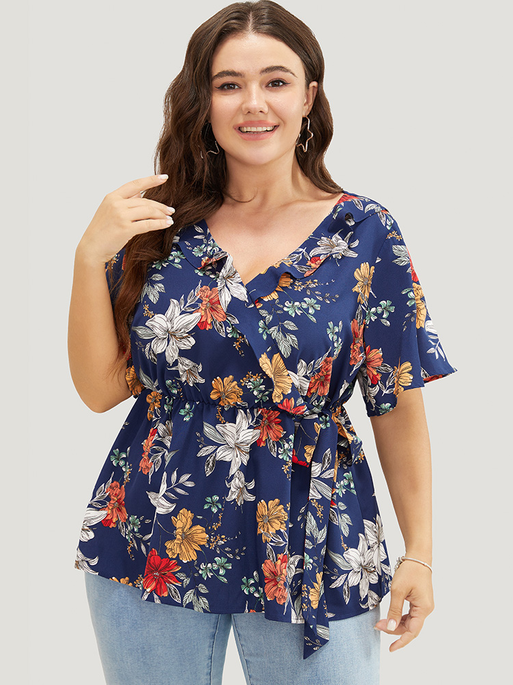 Plus Size Indigo Floral Ruffle Trim Knot Side Wrap Blouse Women Elegant Short sleeve V-neck Dailywear Blouses BloomChic 26/4X 