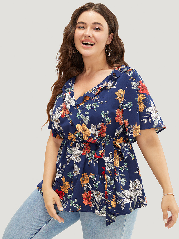 Plus Size Indigo Floral Ruffle Trim Knot Side Wrap Blouse Women Elegant Short sleeve V-neck Dailywear Blouses BloomChic 26/4X 