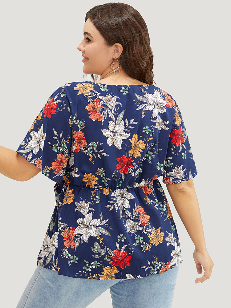 

Plus Size Indigo Floral Ruffle Trim Knot Side Wrap Blouse Women Elegant Short sleeve V-neck Dailywear Blouses BloomChic