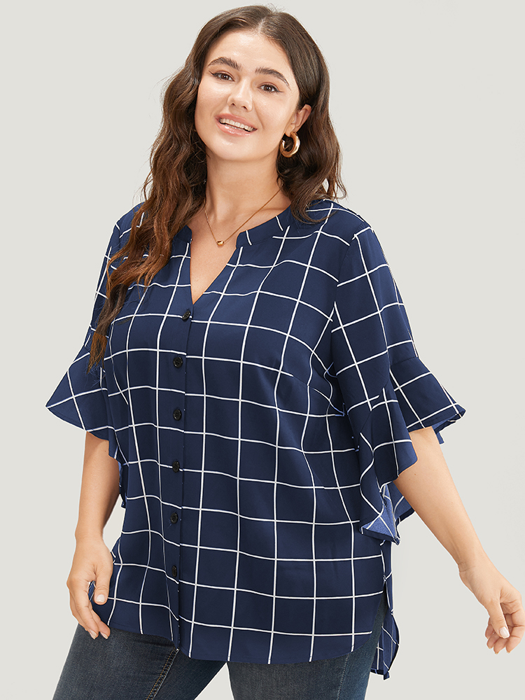 

Plus Size Blue Plaid Notched Button Up Ruffle Sleeve Split Hem Blouse Women Office Elbow-length sleeve Notched collar Work Blouses BloomChic