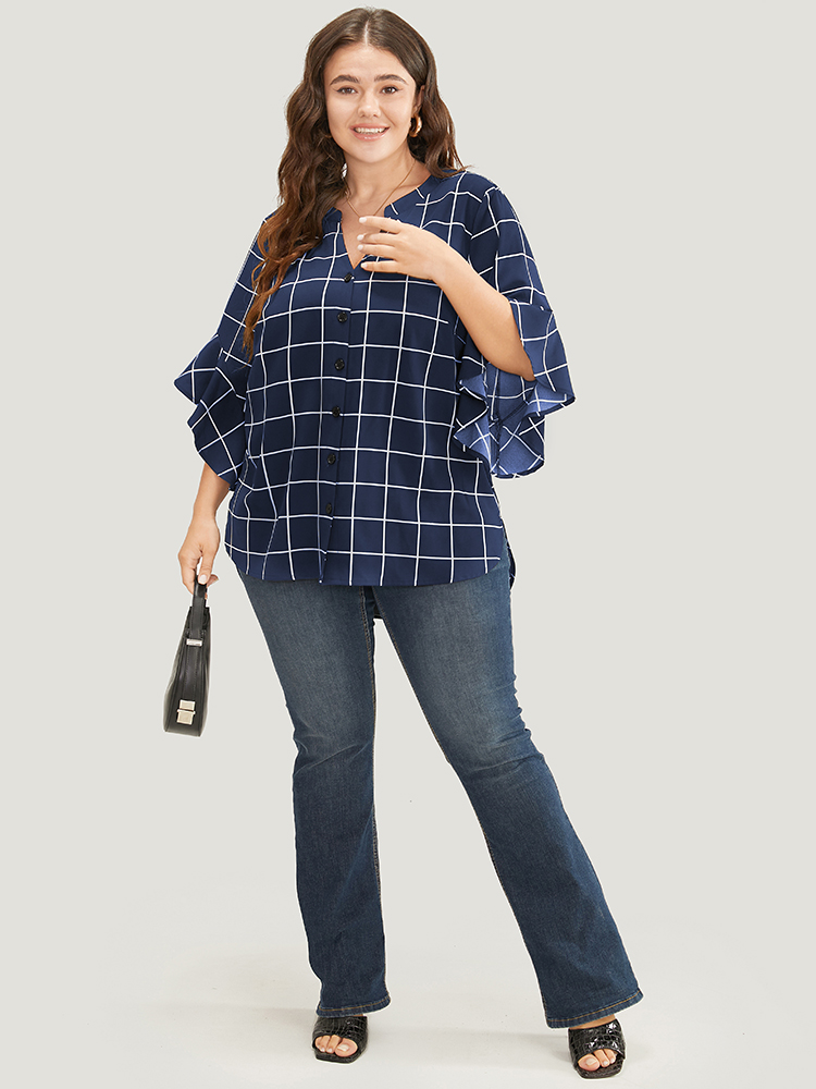 Plus Size Women Work Plaid Ruffles Ruffle Sleeve Elbow-length sleeve Notched collar Office Blouses BloomChic 