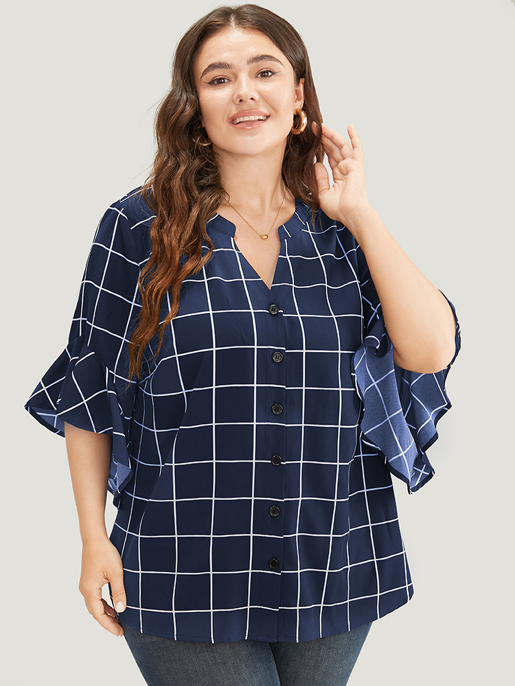 Plus Size Women Work Plaid Ruffles Ruffle Sleeve Elbow-length sleeve Notched collar Office Blouses BloomChic 