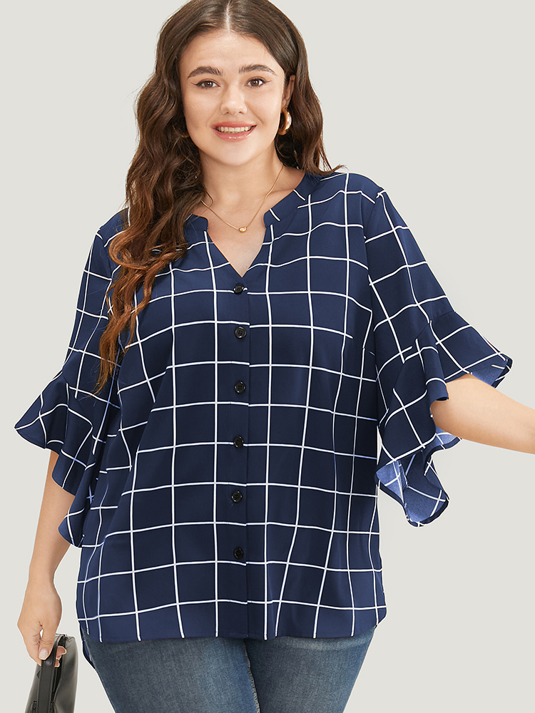 Plus Size Women Work Plaid Ruffles Ruffle Sleeve Elbow-length sleeve Notched collar Office Blouses BloomChic 
