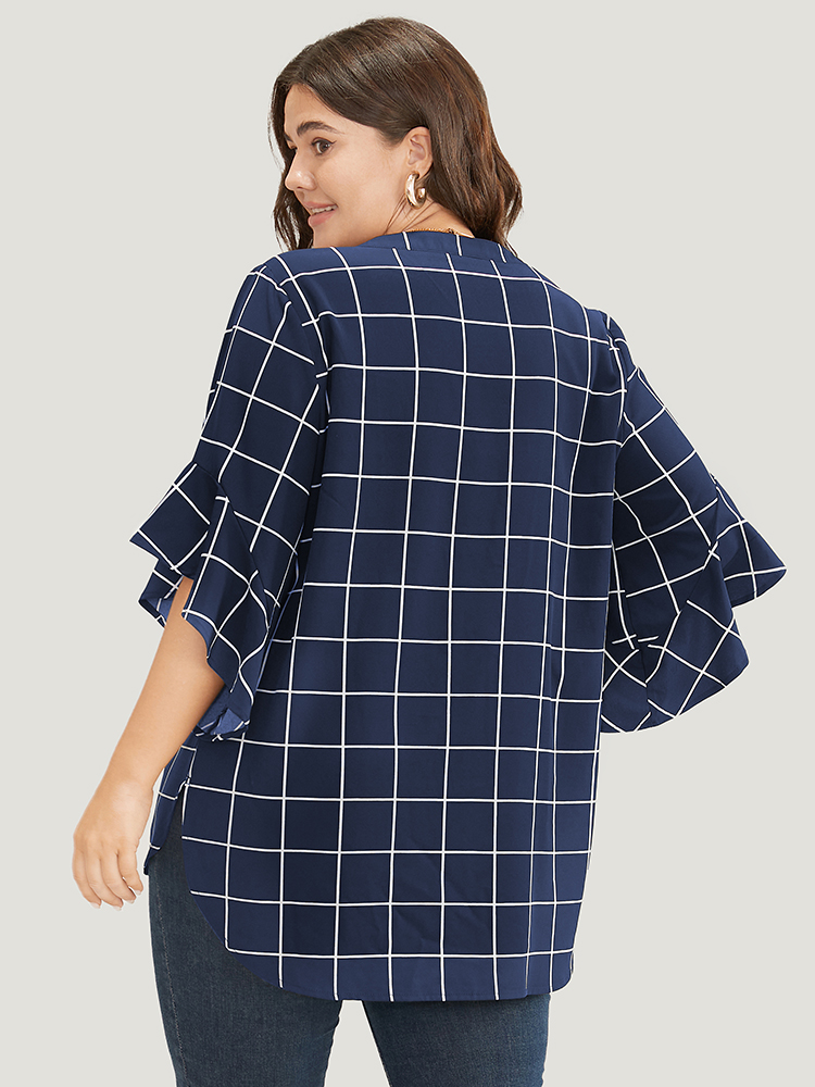 Plus Size Women Work Plaid Ruffles Ruffle Sleeve Elbow-length sleeve Notched collar Office Blouses BloomChic 
