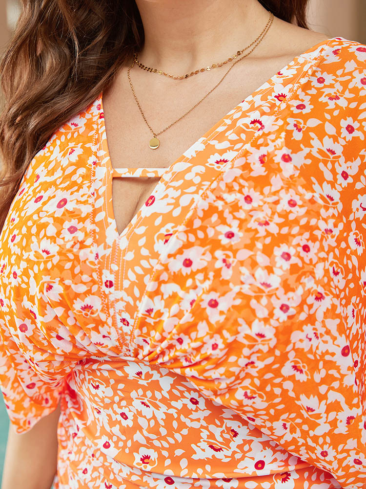 Floral Dolman Sleeve Knot Back One Piece Swimsuit BloomChic 