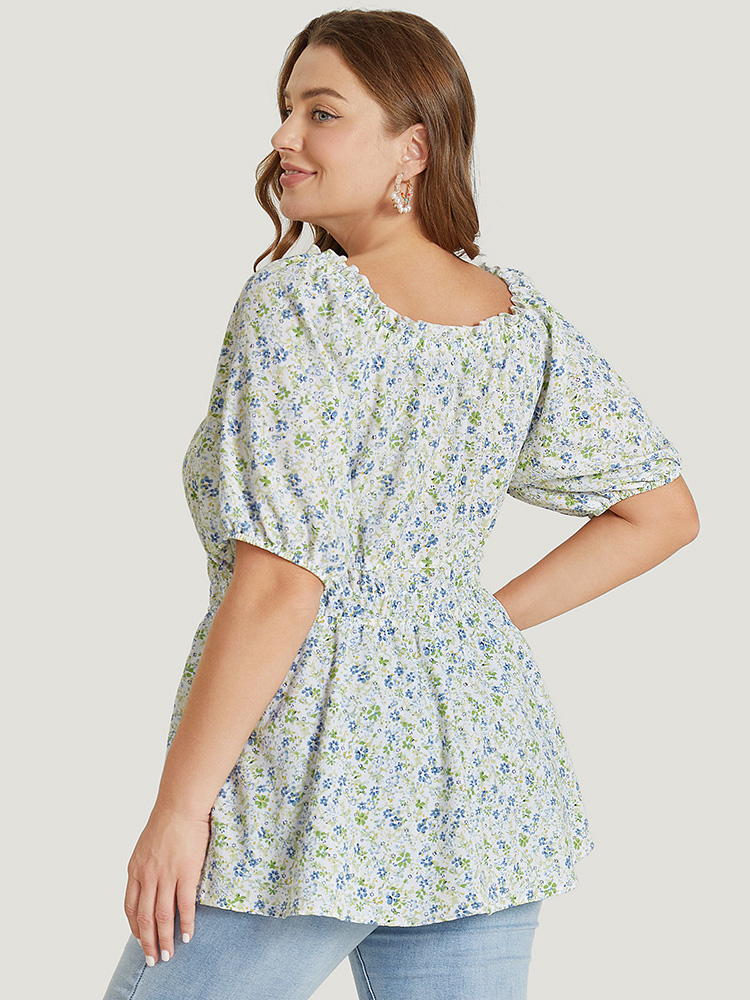 Plus Size Multicolor Ditsy Floral Puff Sleeve Frill Trim Elastic Waist Blouse Women Elegant Short sleeve Square Neck Dailywear Blouses BloomChic 18-20/2X 