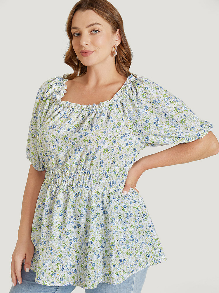 Plus Size Multicolor Ditsy Floral Puff Sleeve Frill Trim Elastic Waist Blouse Women Elegant Short sleeve Square Neck Dailywear Blouses BloomChic 18-20/2X 