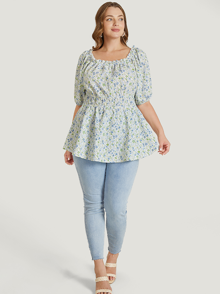 Plus Size Multicolor Ditsy Floral Puff Sleeve Frill Trim Elastic Waist Blouse Women Elegant Short sleeve Square Neck Dailywear Blouses BloomChic 18-20/2X 