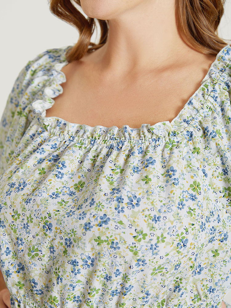 Plus Size Multicolor Ditsy Floral Puff Sleeve Frill Trim Elastic Waist Blouse Women Elegant Short sleeve Square Neck Dailywear Blouses BloomChic 18-20/2X 