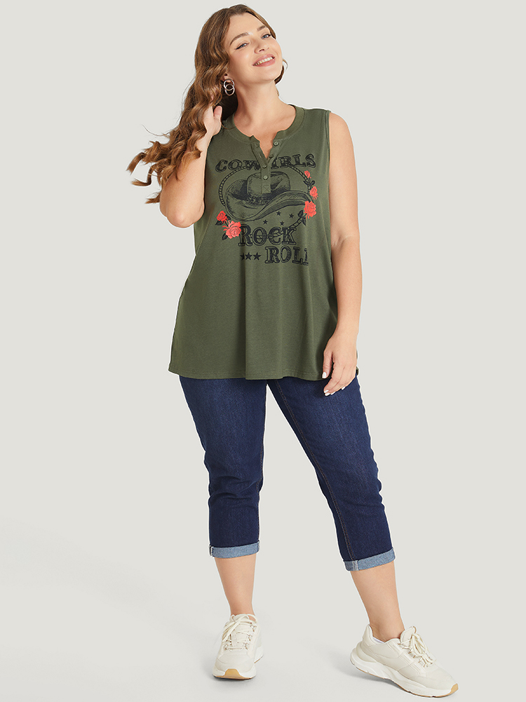 

Plus Size Rose & Letter Print Button Up Graphic Tank Top Women ArmyGreen Casual Button Round Neck Dailywear Tank Tops Camis BloomChic