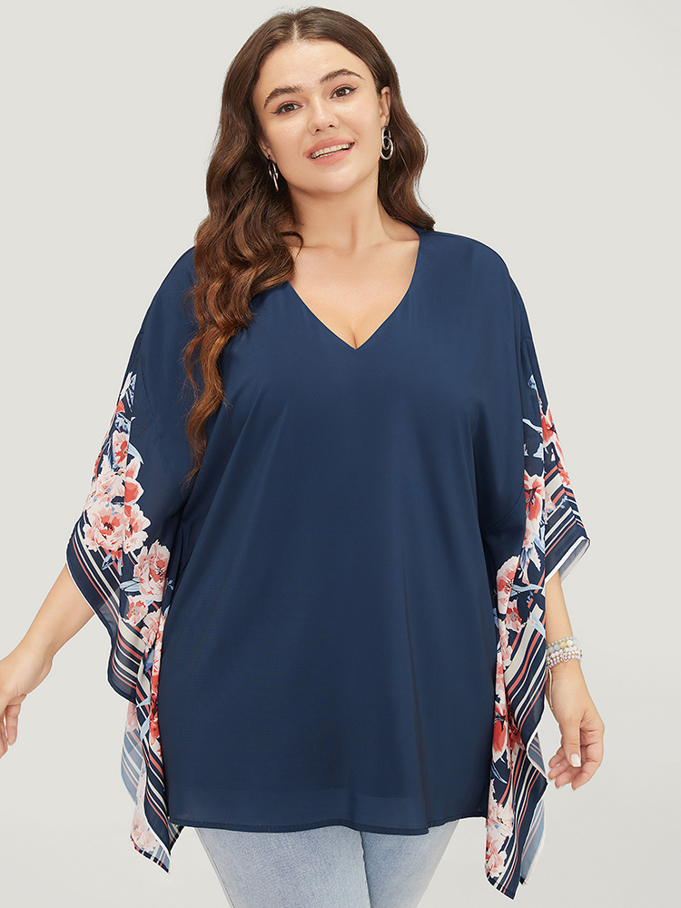 

Plus Size Indigo Floral Print Asymmetrical Dolman Sleeve Blouse Women Elegant Short sleeve V-neck Dailywear Blouses BloomChic