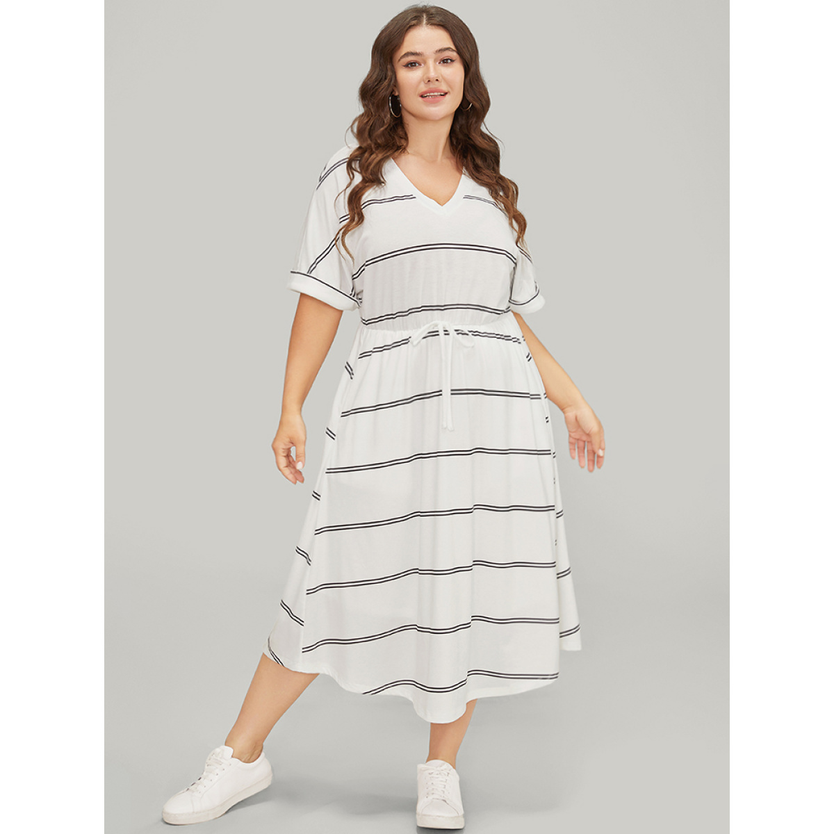 

Plus Size Striped Print Roll Batwing Sleeve Pocket Knot Dress White Women Knotted V-neck Short sleeve Curvy Midi Dress BloomChic