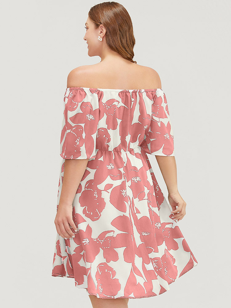 

Plus Size Floral Ruffle Sleeve Pocket Off Shoulder Dress Watermelon Women Elegant Pocket One-shoulder neck Short sleeve Curvy Knee Dress BloomChic