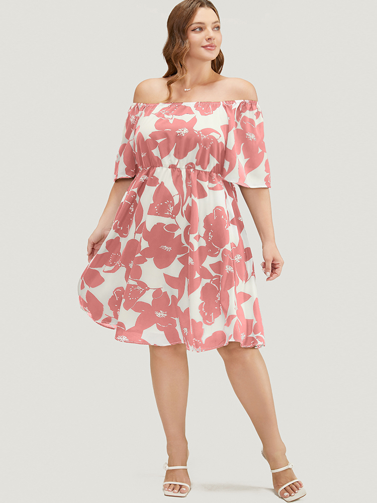 

Plus Size Floral Ruffle Sleeve Pocket Off Shoulder Dress Watermelon Women Elegant Pocket One-shoulder neck Short sleeve Curvy Knee Dress BloomChic