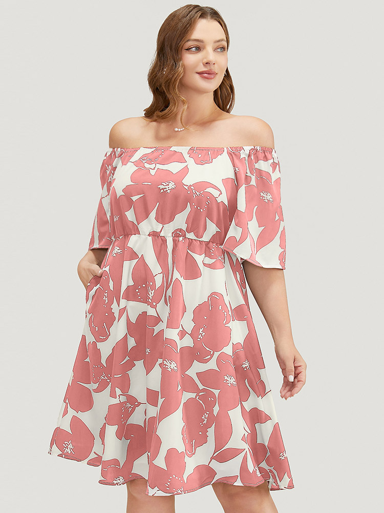 Plus Size Floral Ruffle Sleeve Pocket Off Shoulder Dress Watermelon Women Elegant Pocket One-shoulder neck Short sleeve Curvy Knee Dress BloomChic 26/4X 