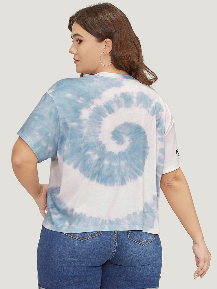 

Plus Size Tie Dye & Letter Print Short T-shirt Stone Women Casual Tie Dye Round Neck Dailywear T-shirts BloomChic