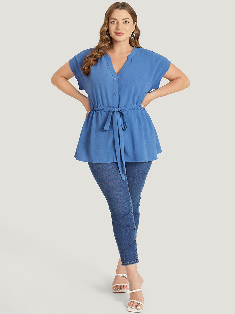 

Plus Size DarkBlue Solid Drawstring Notched Batwing Sleeve Button Up Blouse Women Office Short sleeve V-neck Work Blouses BloomChic