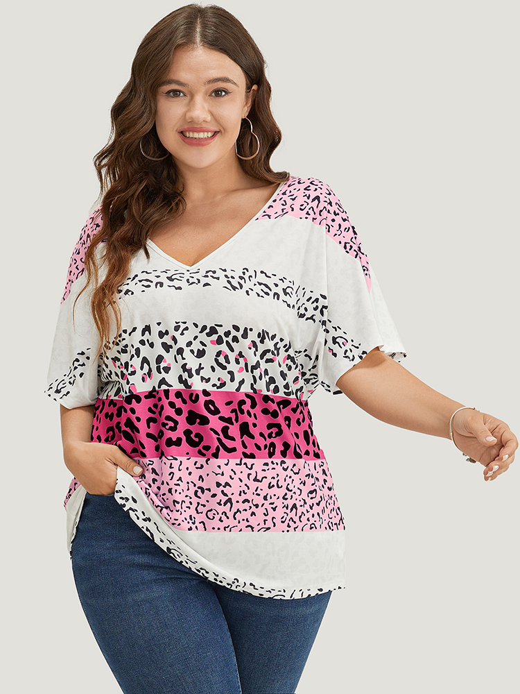 

Plus Size Leopard Print Colorblock Dolman Sleeve T-shirt Multicolor Women Casual Contrast Leopard V-neck Everyday T-shirts BloomChic