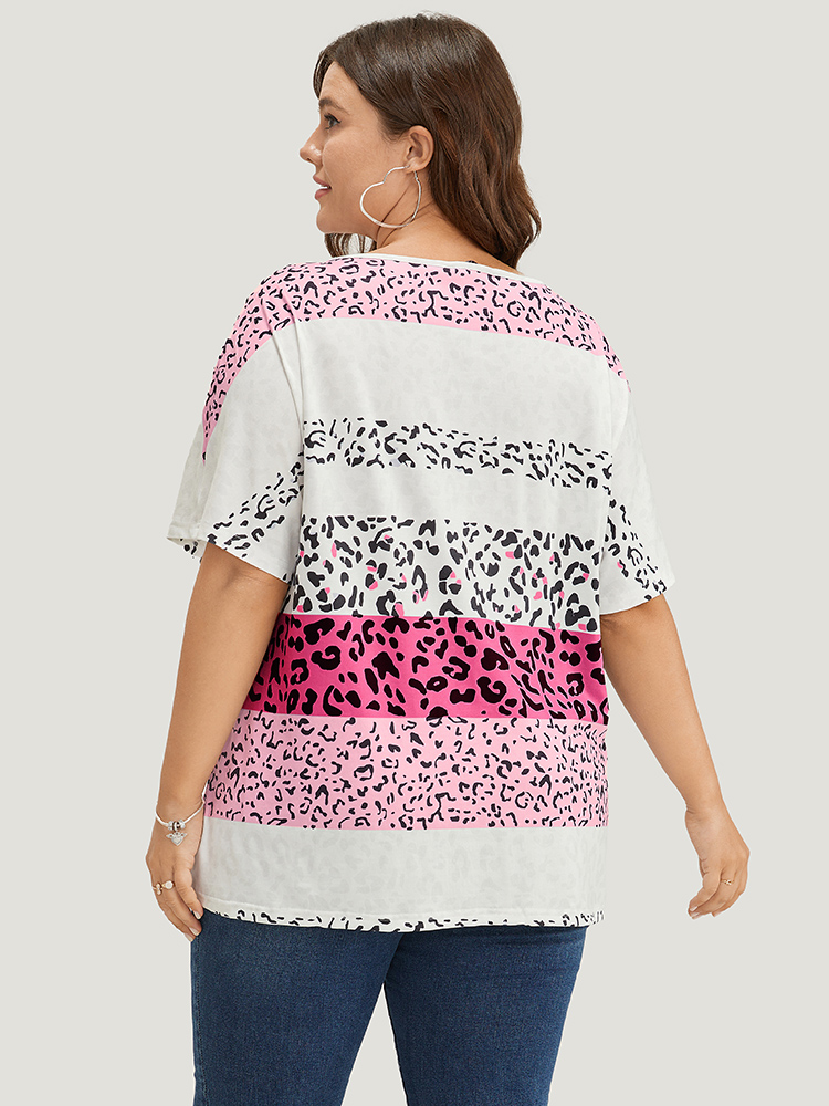 

Plus Size Leopard Print Colorblock Dolman Sleeve T-shirt Multicolor Women Casual Contrast Leopard V-neck Everyday T-shirts BloomChic