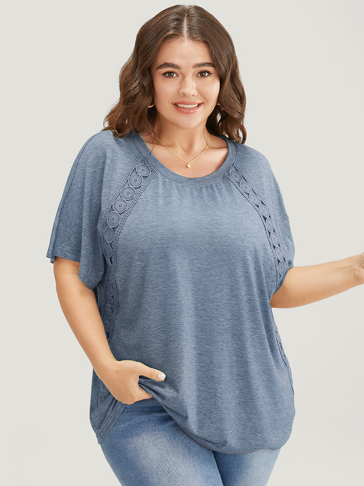 

Plus Size Solid Contrast Lace Ruffle Sleeve T-shirt Stone Women Elegant Lace Plain Round Neck Everyday T-shirts BloomChic