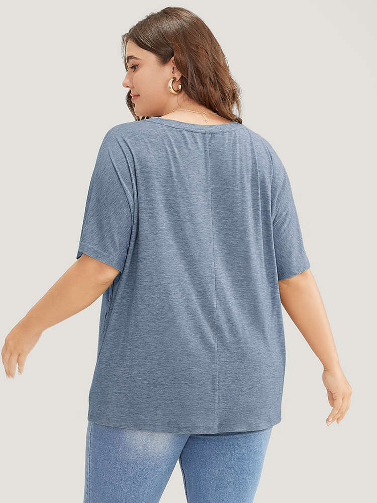 Plus Size Solid Contrast Lace Ruffle Sleeve T-shirt Stone Women Elegant Lace Plain Round Neck Everyday T-shirts BloomChic 30/6X 