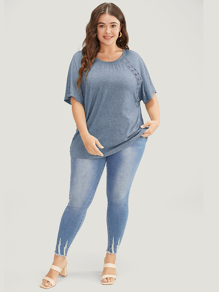Plus Size Solid Contrast Lace Ruffle Sleeve T-shirt Stone Women Elegant Lace Plain Round Neck Everyday T-shirts BloomChic 30/6X 