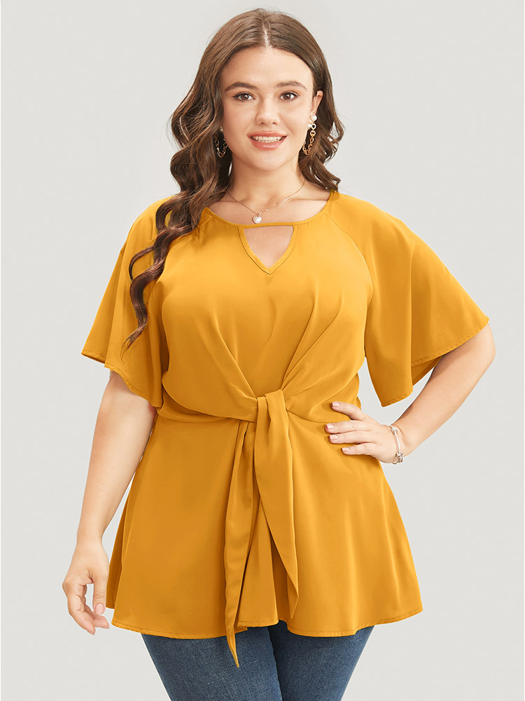 

Plus Size Gold Plain Keyhole Knotted Front Ruffle Sleeve Blouse Women Work From Home Short sleeve Round Neck Work Blouses BloomChic