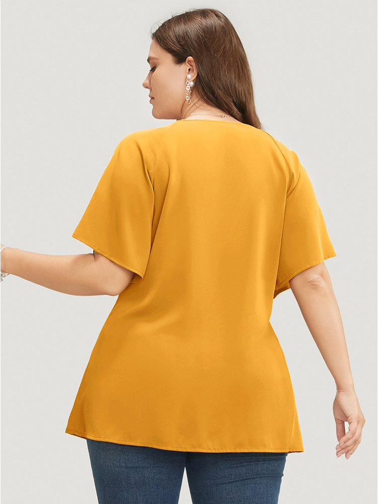 Plus Size Gold Plain Keyhole Knotted Front Ruffle Sleeve Blouse Women Work From Home Short sleeve Round Neck Work Blouses BloomChic 30/6X 