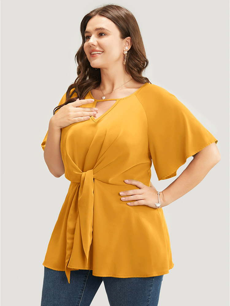 Plus Size Gold Plain Keyhole Knotted Front Ruffle Sleeve Blouse Women Work From Home Short sleeve Round Neck Work Blouses BloomChic 30/6X 