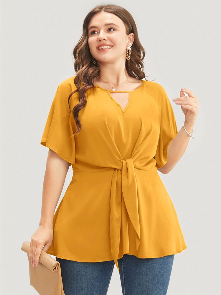 Plus Size Gold Plain Keyhole Knotted Front Ruffle Sleeve Blouse Women Work From Home Short sleeve Round Neck Work Blouses BloomChic 30/6X 