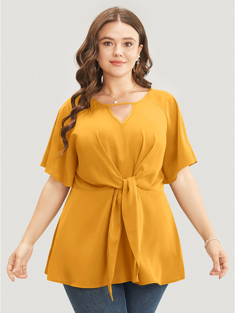 Plus Size Gold Plain Keyhole Knotted Front Ruffle Sleeve Blouse Women Work From Home Short sleeve Round Neck Work Blouses BloomChic 30/6X 